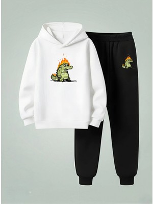 Lorvex Sweatshirt-Eşofman Takım Çocuk Unısex (Kapüşonlu) Ateşli Timsah Baskılı 3 Iplik Şardonlu