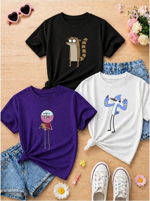 Lorvex Çizgi Dizi Baskılı Oversize %100 Pamuklu Renkli Çocuk Yetişkin T-Shirt (3'lü)