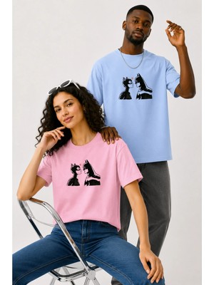 Lorvex Çift Kombin Erkek-Kadın Oversize T-Shirt %100 Pamuk Baskılı Rahat Kalıp Sevgili Tişörtü 2'li