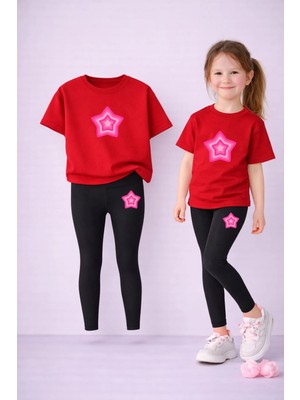 Lorvex Kız Çocuk Takım T-Shirt ve Esnek Tayt Seti %100 Pamuk Renkli Yıldız Baskı – Günlük Rahat Spor Kombin