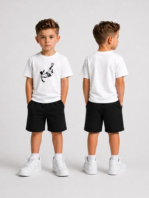 Lorvex Çocuk Şortlu Takım Erkek (Şort-T-Shirt) Baskılı Yazlık Spor Kombin Rahat Kalıp Takım