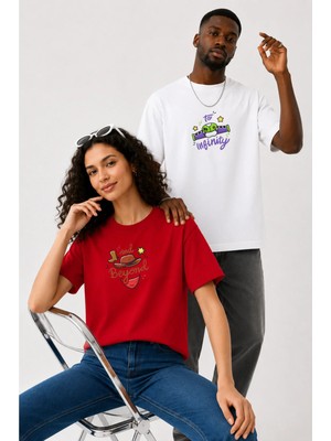 Lorvex Çift Kombin Erkek-Kadın Oversize T-Shirt %100 Pamuk Baskılı Rahat Kalıp Sevgili Tişörtü 2'li