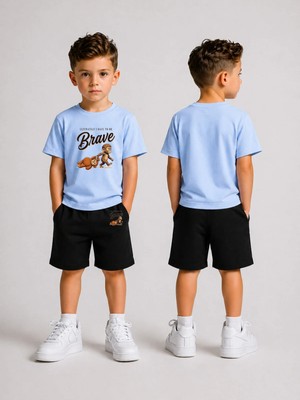 Lorvex Çocuk Şortlu Takım Erkek (Şort-T-Shirt) Baskılı Yazlık Spor Kombin Rahat Kalıp Takım