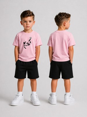 Lorvex Çocuk Şortlu Takım Erkek (Şort-T-Shirt) Baskılı Yazlık Spor Kombin Rahat Kalıp Takım
