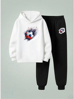 Lorvex Kapüşonlu Sweatshirt-Eşofman Takım Erkek Çocuk Renkli Futbol Topu Baskılı 3 Iplik Şardonlu
