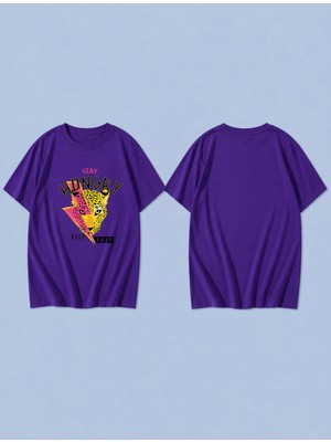 Lorvex Hungry Stay Baskılı %100 Pamuk Oversize Unisex Tişört Rahat Kesim T-Shirt