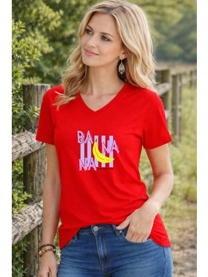 Lorvex Kadın T-Shirt V Yaka Rahat Kalıp Banana Baskılı Tişört