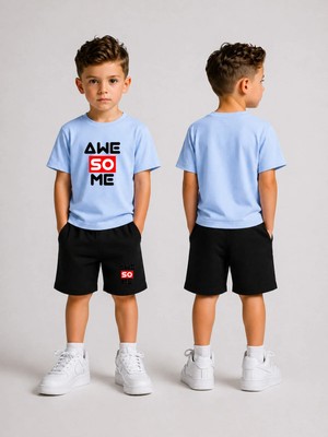 Lorvex Çocuk Şortlu Takım Erkek (Şort-T-Shirt) Baskılı Yazlık Spor Kombin Rahat Kalıp Takım