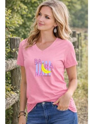 Lorvex Kadın T-Shirt V Yaka Rahat Kalıp Banana Baskılı Tişört