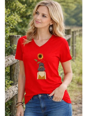 Lorvex Kadın V Yaka Tişört Rahat Kalıp Eldeki Ayçiçeği Baskılı Günlük T-Shirt