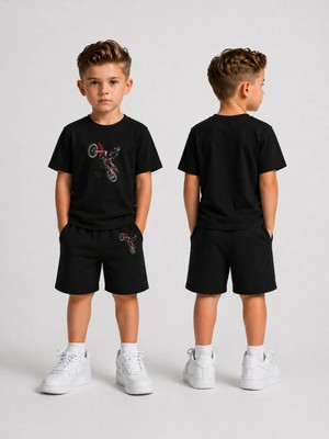Lorvex Çocuk Şortlu Takım Erkek (Şort-T-Shirt) Baskılı Yazlık Spor Kombin Rahat Kalıp Takım