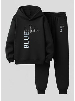Lorvex Çocuk Sweatshirt-Eşofman Takım Unısex (Kapüşonlu) Blue White Baskılı 3 Iplik Şardonlu