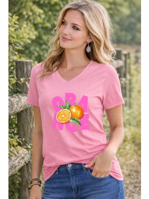 Lorvex V Yaka Kadın Tişört Rahat Kalıp Orangee Baskılı T-Shirt