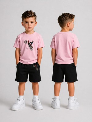 Lorvex Çocuk Şortlu Takım Erkek (Şort-T-Shirt) Baskılı Yazlık Spor Kombin Rahat Kalıp Takım