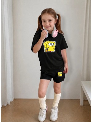 Lorvex Çocuk Şortlu Takım Kız (Şort-T-Shirt) Baskılı Yazlık Spor Kombin Rahat Kalıp Takım