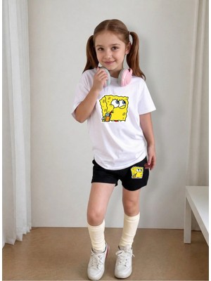 Lorvex Çocuk Şortlu Takım Kız (Şort-T-Shirt) Baskılı Yazlık Spor Kombin Rahat Kalıp Takım