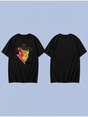 Lorvex Hungry Stay Baskılı %100 Pamuk Oversize Unisex Tişört Rahat Kesim T-Shirt