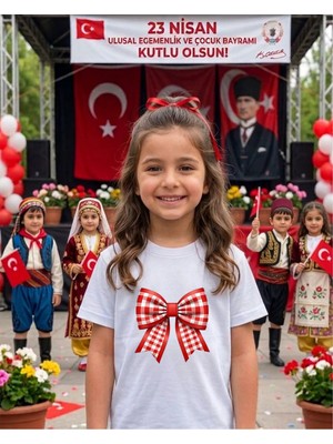 Lorvex 23 Nisan Temalı Mavi ve Kirazlı Kurdele Baskı Çocuk-Yetişkin Tshirt Tişört
