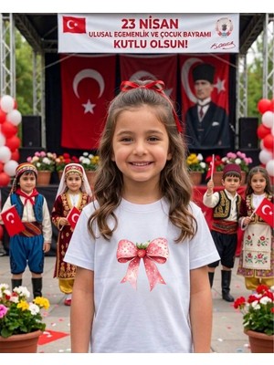 Lorvex 23 Nisan Temalı Pembe ve Çilekli Kurdele Baskı Çocuk-Yetişkin Tshirt Tişört