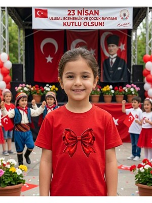 Lorvex 23 Nisan Temalı Kırmızı Kurdele Baskı Çocuk-Yetişkin Tshirt Tişört