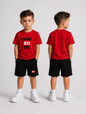 Lorvex Çocuk Şortlu Takım Erkek (Şort-T-Shirt) Baskılı Yazlık Spor Kombin Rahat Kalıp Takım
