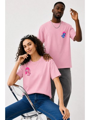 Lorvex Çift Kombin Erkek-Kadın Oversize T-Shirt %100 Pamuk Baskılı Rahat Kalıp Sevgili Tişörtü 2'li