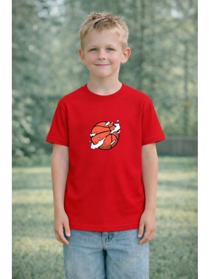 Lorvex Erkek Çocuk Baskılı Tişört %100 Pamuk Rahat Kalıp Havada Basket Topu Baskılı T-Shirt