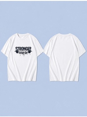 Lorvex Stronger Every Day Baskılı %100 Pamuk Oversize Unisex Tişört Rahat Kesim T-Shirt
