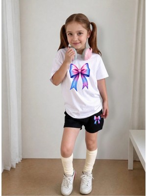 Lorvex Çocuk Şortlu Takım Kız (Şort-T-Shirt) Baskılı Yazlık Spor Kombin Rahat Kalıp Takım