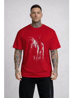 Lorvex Kovboy ve At Görsel Baskılı Oversize Unisex Pamuklu Tshirt-Tişört