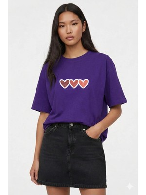 Lorvex Kadın T-Shirt Oversize %100 Pamuklu Rahat Kalıp Pastel Kalpler Baskılı Tişört