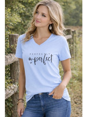 Lorvex V Yaka Kadın Tişört Rahat Kalıp I'm Perfect Baskılı T-Shirt