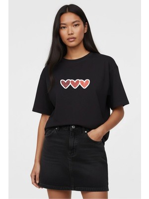 Lorvex Kadın T-Shirt Oversize %100 Pamuklu Rahat Kalıp Pastel Kalpler Baskılı Tişört