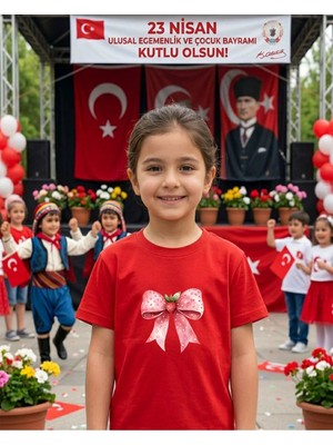 Lorvex 23 Nisan Temalı Pembe ve Çilekli Kurdele Baskı Çocuk-Yetişkin Tshirt Tişört