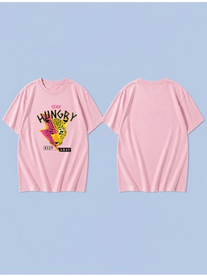 Lorvex Hungry Stay Baskılı %100 Pamuk Oversize Unisex Tişört Rahat Kesim T-Shirt