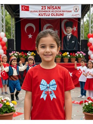 Lorvex 23 Nisan Temalı Mavi ve Kirazlı Kurdele Baskı Çocuk-Yetişkin Tshirt Tişört
