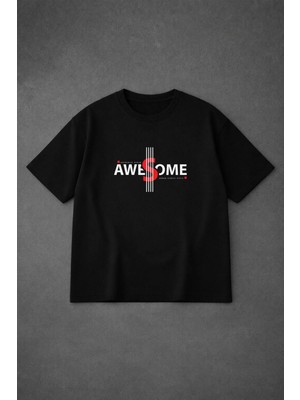 Lorvex Unısex Oversize T-Shirt %100 Pamuklu Rahat Kalıp Awesome Denım Baskılı Premium