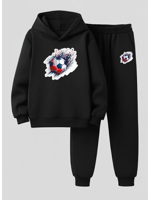 Lorvex Kapüşonlu Sweatshirt-Eşofman Takım Erkek Çocuk Renkli Futbol Topu Baskılı 3 Iplik Şardonlu
