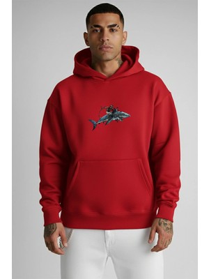Lorvex Erkek Sweatshirt Oversize Kapüşonlu %100 Pamuklu Köpekbalığı Terbiyecisi Baskılı