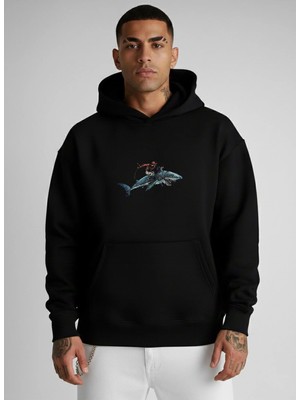 Lorvex Erkek Sweatshirt Oversize Kapüşonlu %100 Pamuklu Köpekbalığı Terbiyecisi Baskılı