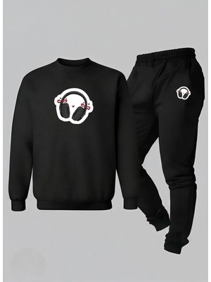 Lorvex Kız Çocuk Sweatshirt-Eşofman Takım Bisiklet Yaka Kurdeleli Kulaklık Baskılı 3 Iplik Şardonlu