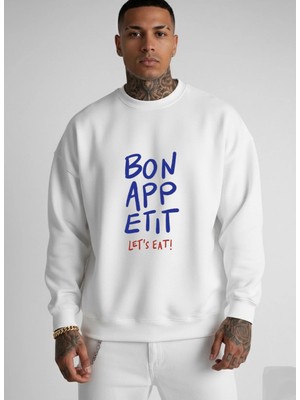 Lorvex Unisex Bonappetit Baskı Oversize Bisiklet Yaka Beyaz Sweatshirt