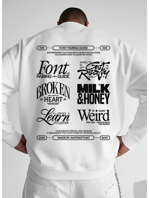 Lorvex Sweatshirt Oversize Unısex Beyaz Bisiklet Yaka Font Paırıng Baskılı