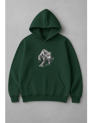 Lorvex Siyah Beyaz Jaguar Ön Baskı Oversize Unisex Kapüşonlu Sweatshirt