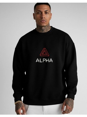 Lorvex Unisex Alpha Baskı Oversize Bisiklet Yaka Siyah Sweatshirt