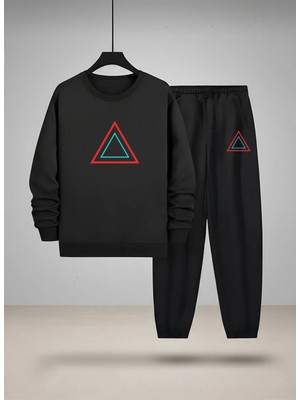 Lorvex Çocuk Takım (Sweatshirt-Eşofman) Unısex Bisiklet Yaka Renkli Üçgen Baskılı 3 Iplik Şardonlu