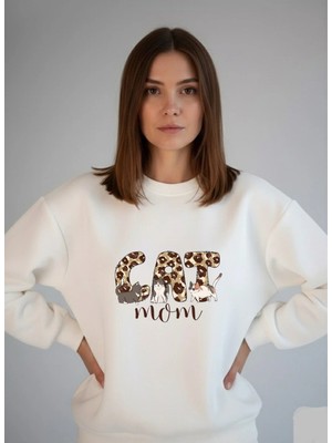 Lorvex Sweatshirt Oversize Unisex Beyaz Bisiklet Yaka Kedi Annesi Baskılı