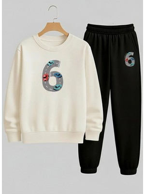 Lorvex Erkek Çocuk Beyaz Sweatshirt-Eşofman Takım Bisiklet Yaka 6 Araba Baskılı 3 Iplik Şardonlu
