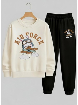 Lorvex Çocuk Beyaz Sweatshirt-Eşofman Takım Bisiklet Yaka Aır Force Tavşan Baskılı 3 Iplik Şardonlu