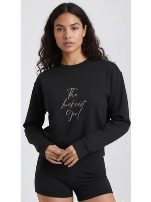 Lorvex Oversize Bisiklet Yaka Sweatshirt The Luckiest Girl Baskı